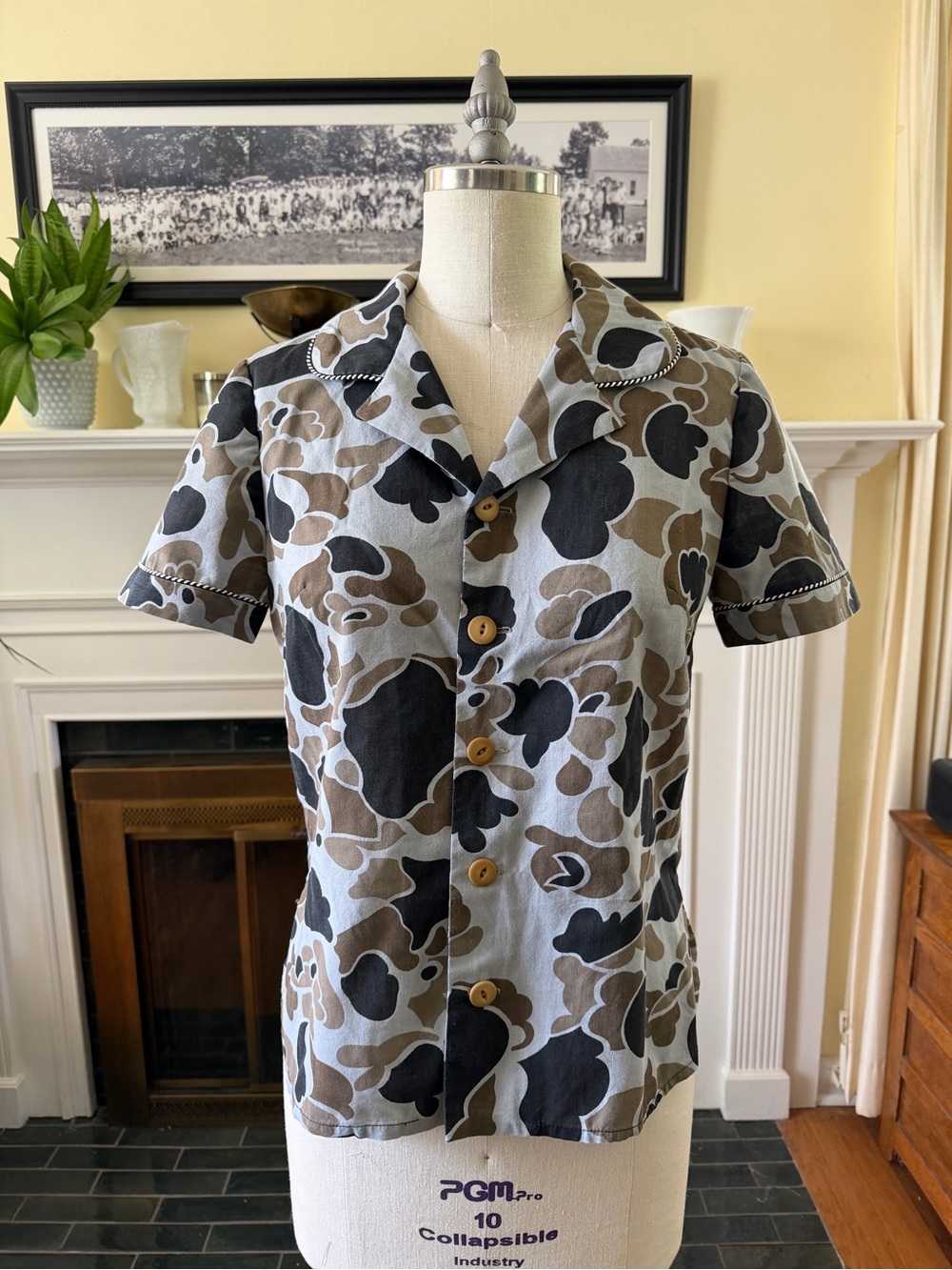 Camo button down shirt with striped piping details - handmade - medium